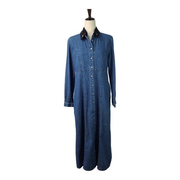 Liz Claiborne Blue Denim Vintage Maxi Dress Removeable Collar 10 - Picture 1 of 4